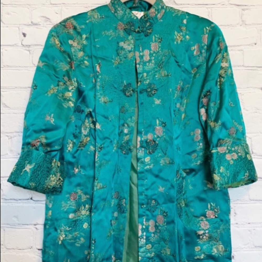 Green authentic floral kimono robe button front L